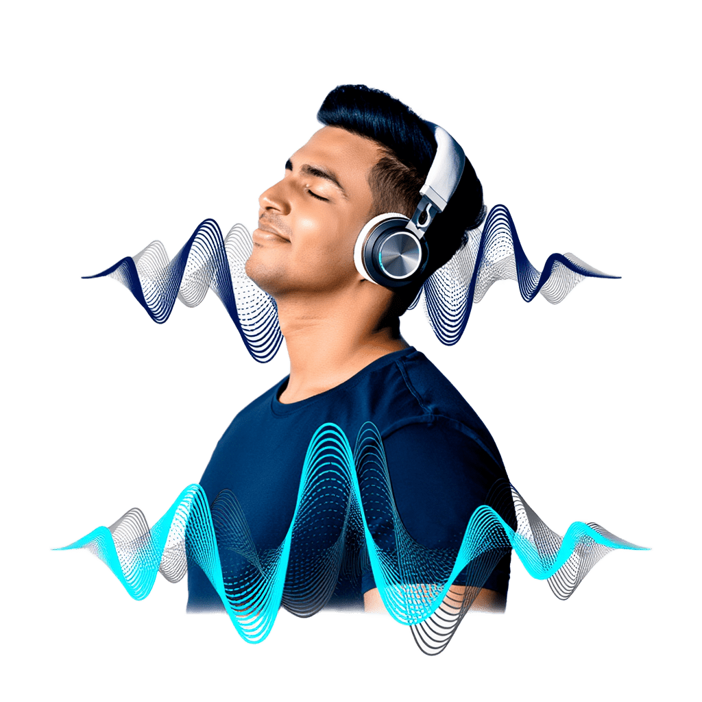 Homem ouvindo frequência com ondas sonoras